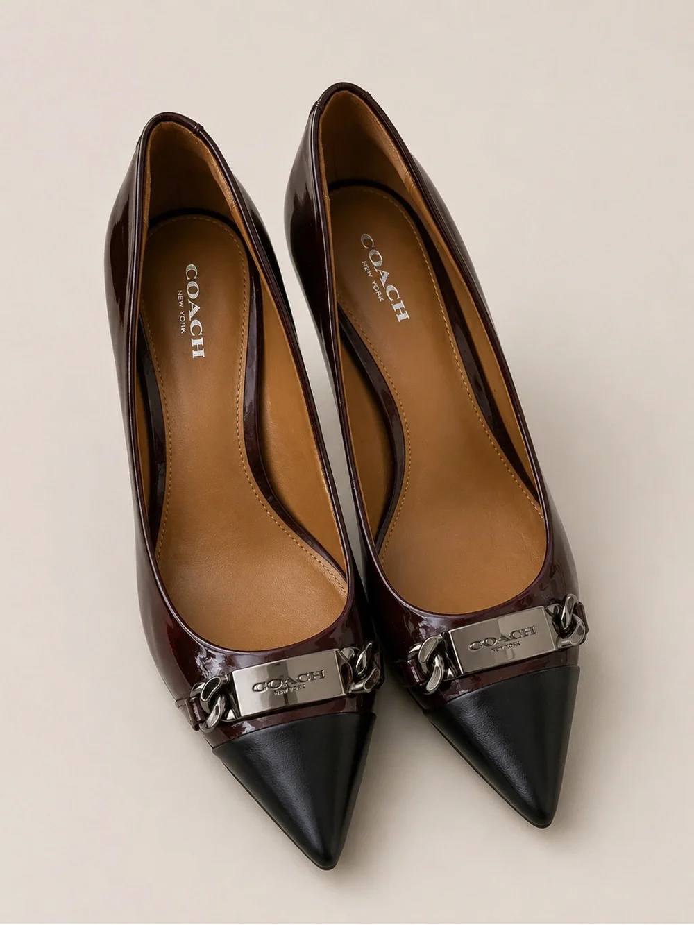 Coach Burgundy Patent Pointed Toe Heels with Black Cap